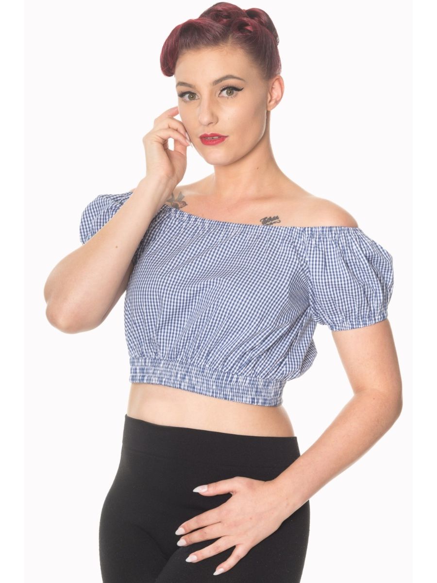 Banned Retro 1950's All Mine Gingham Check Off Shoulder Crop Top Navy 