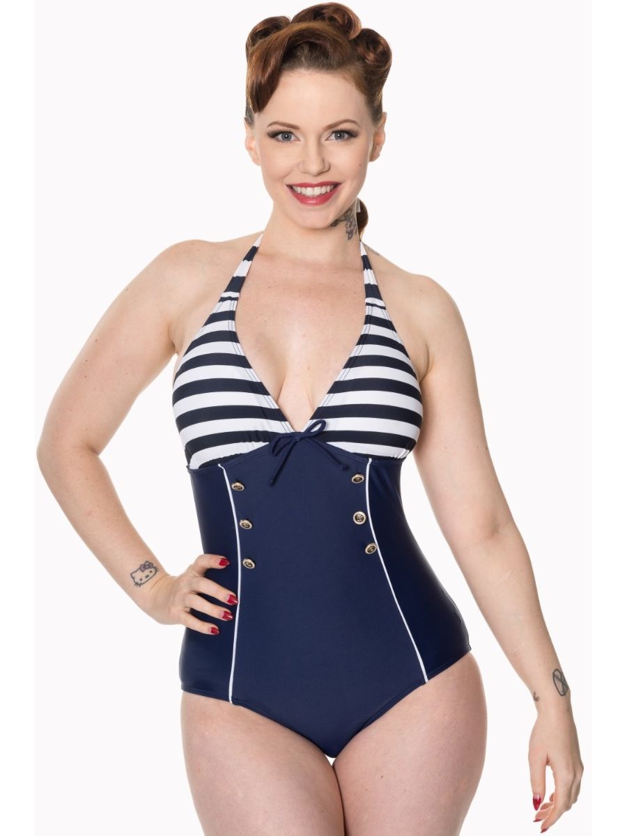 Banned Retro 1950's Get In Line Nautical Stripes Vintage One Piece Halterneck Swimsuit Blue White