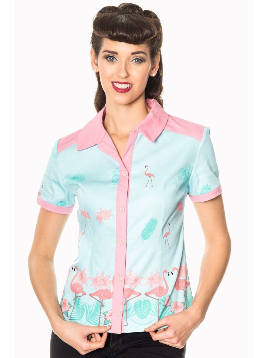 Banned Retro 1950's Going My Way Flamingo Collar Rita Blouse Blue 