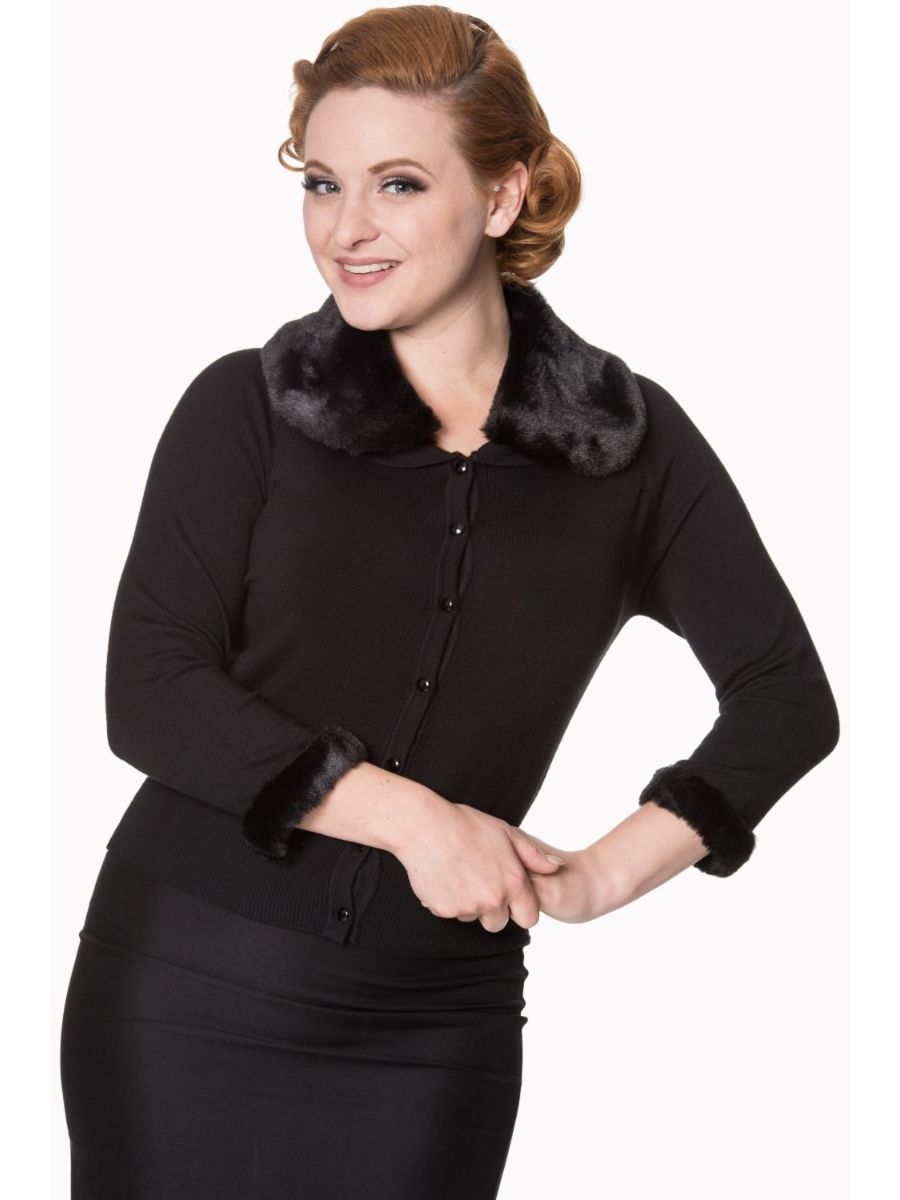 Banned Retro 1950's Sapphire Faux Fur Detachable Collar Vintage Anita Cardigan Black