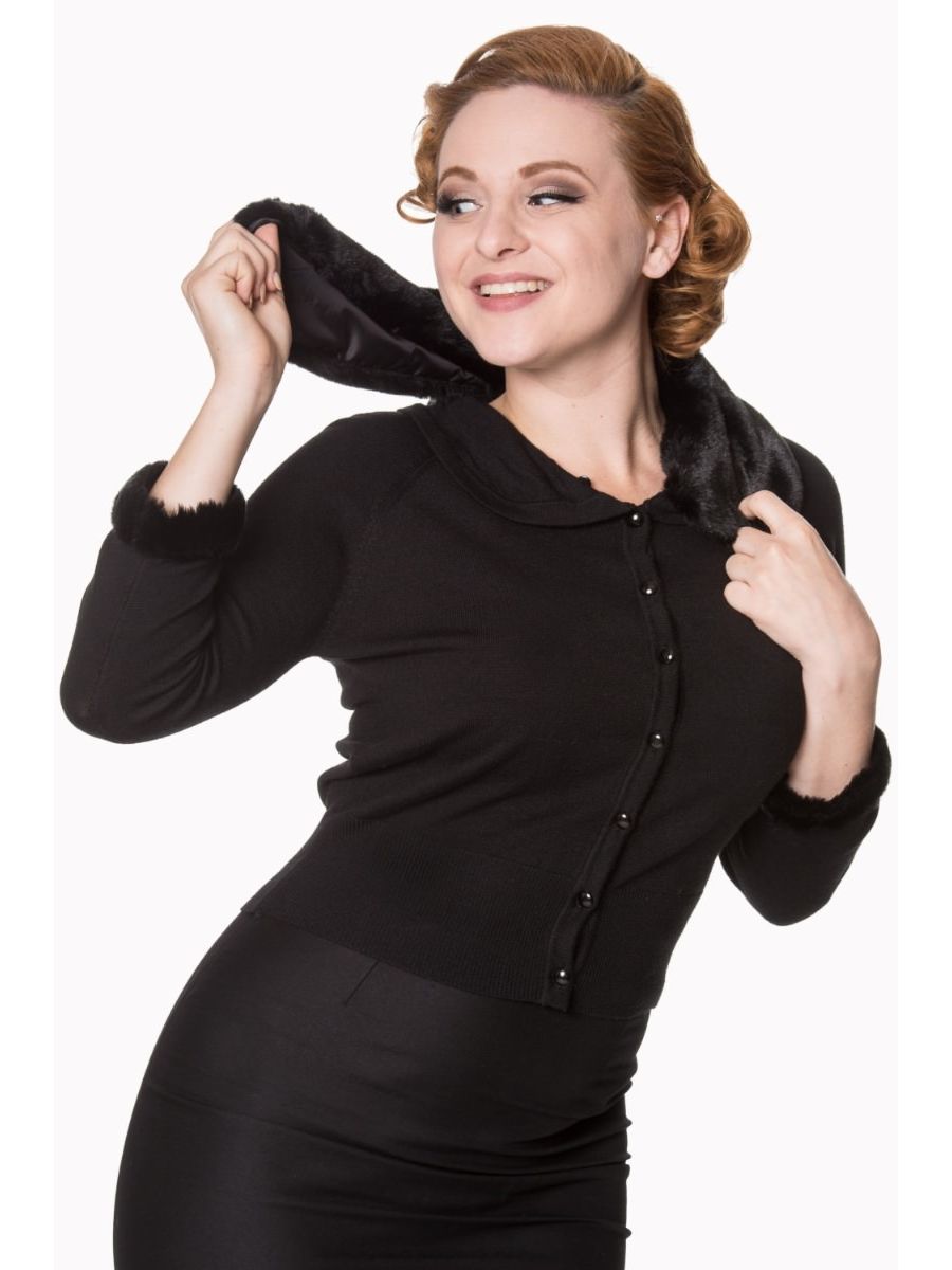 Banned Retro 1950's Sapphire Faux Fur Detachable Collar Vintage Anita Cardigan Black