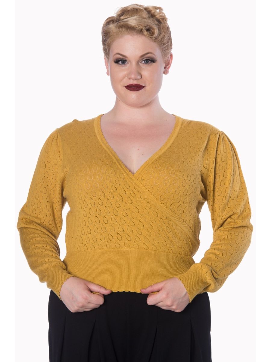 Banned Retro 1950's Basic Instinct Wrap Perforated Vintage Knit Top Mustard Yellow