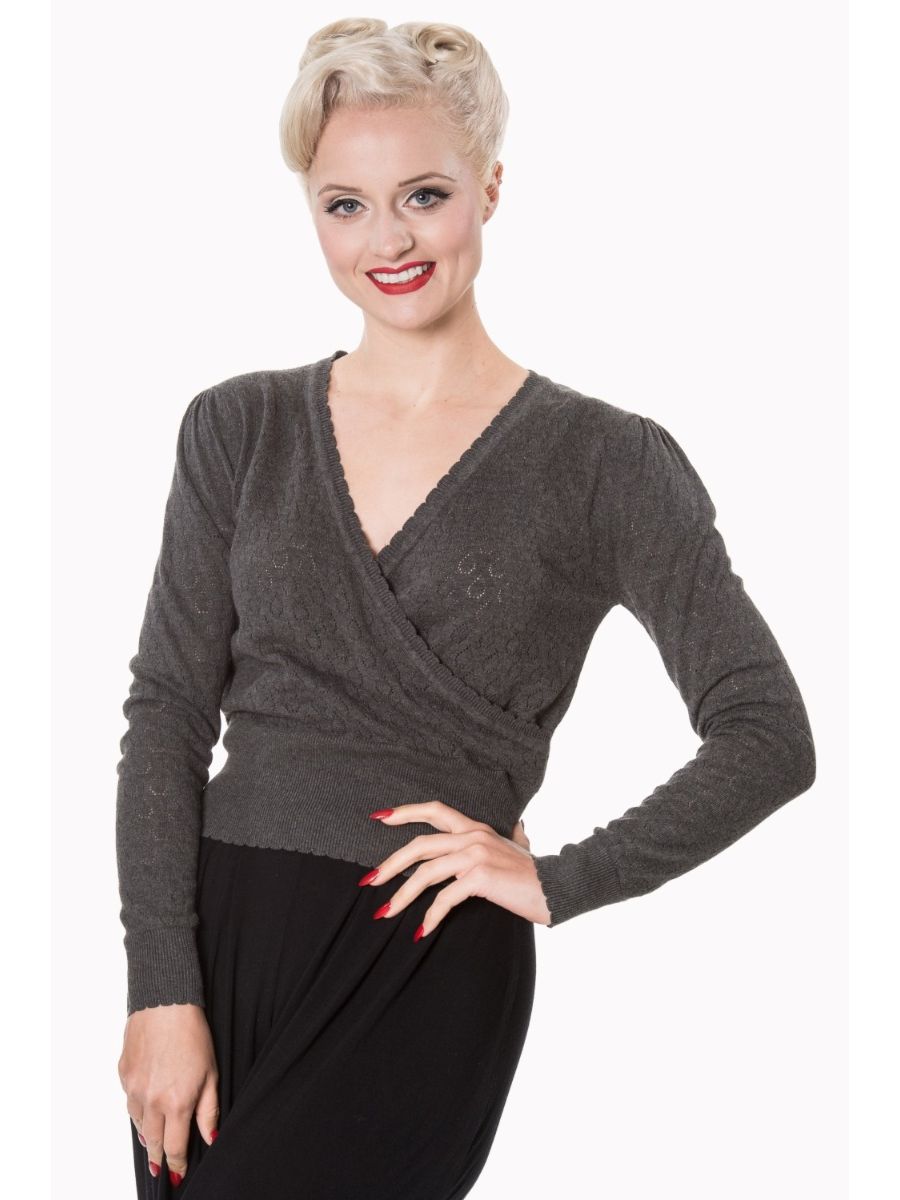 Banned Retro 1950's Basic Instinct Wrap Perforated Vintage Knit Top Grey