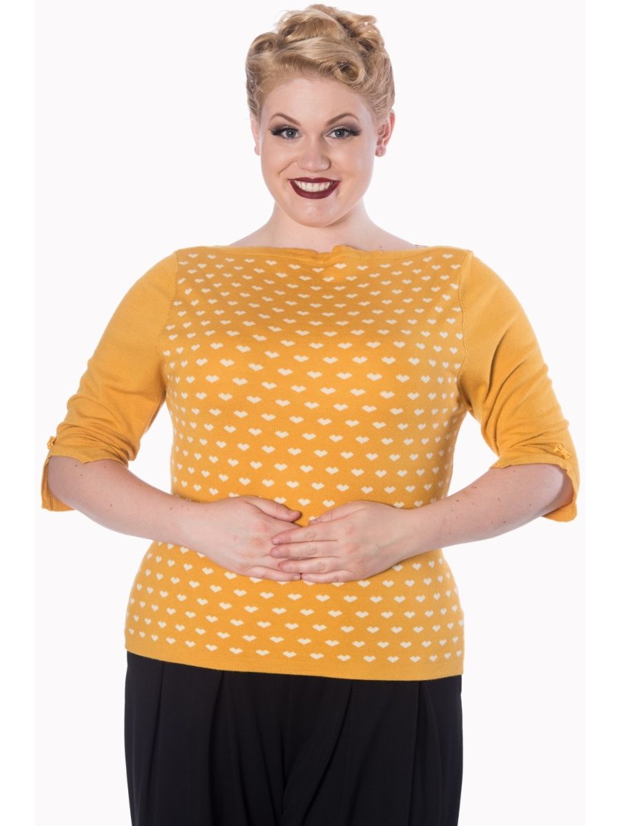 Banned Retro Charming Heart Vintage Boat Neck Knit Top Mustard Yellow