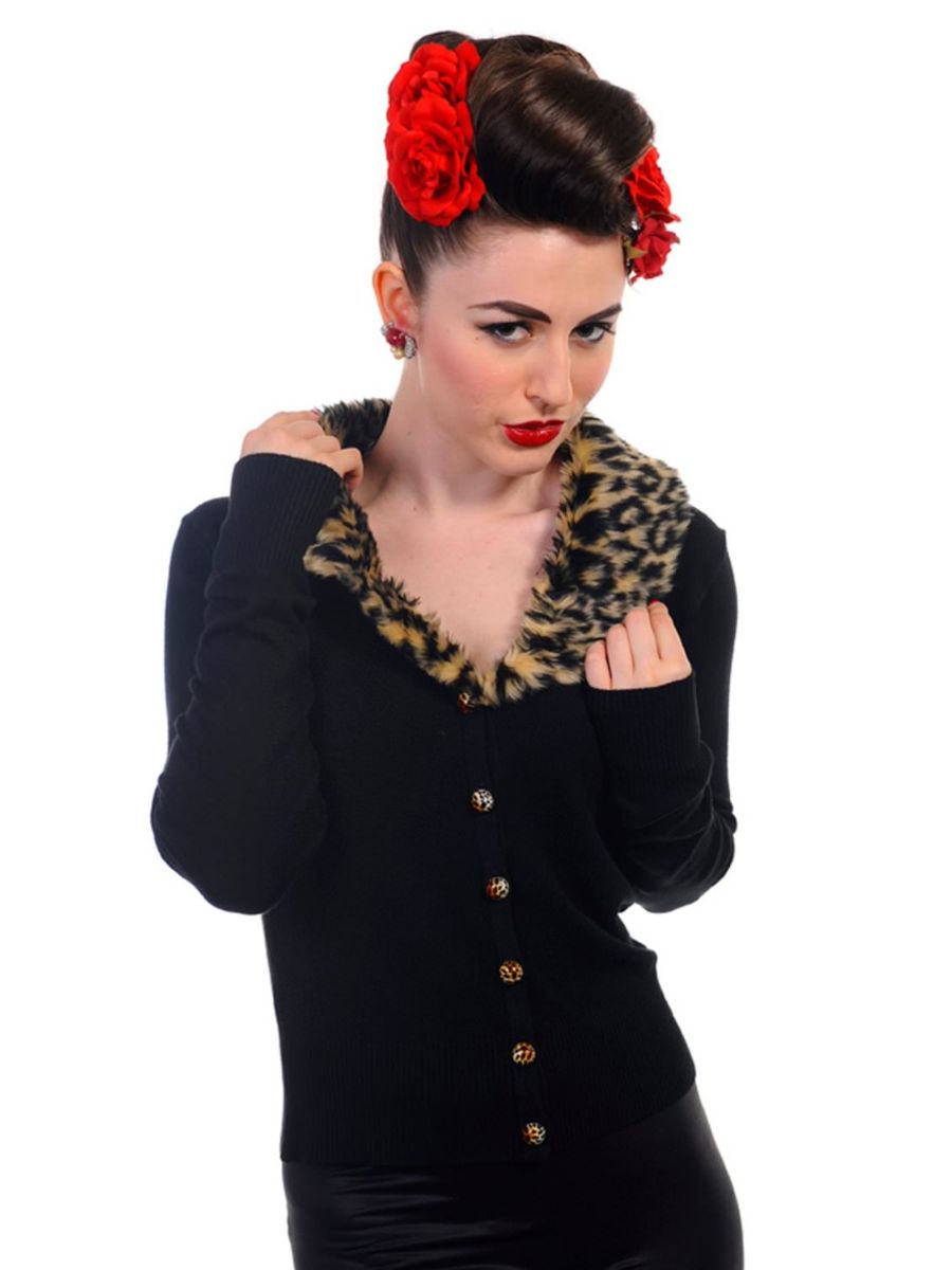 Banned Retro 1950's Sweet Nothing Faux Fur Leopard Collar Anita Vintage Rockabilly Cardigan Black