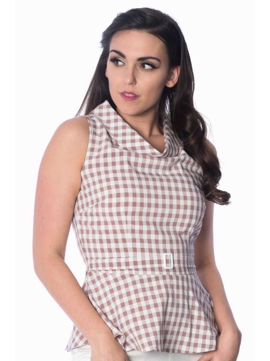 Banned Retro 60's Summer Breeze Gingham Check Cowl Neck Peplum Top Pink
