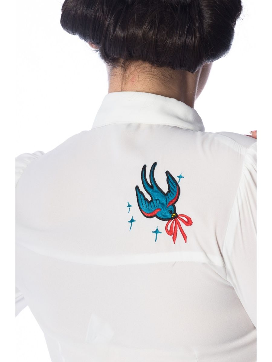 Banned Retro 1950's Free As A Bird Swallow & Anchors Thelma Blouse White