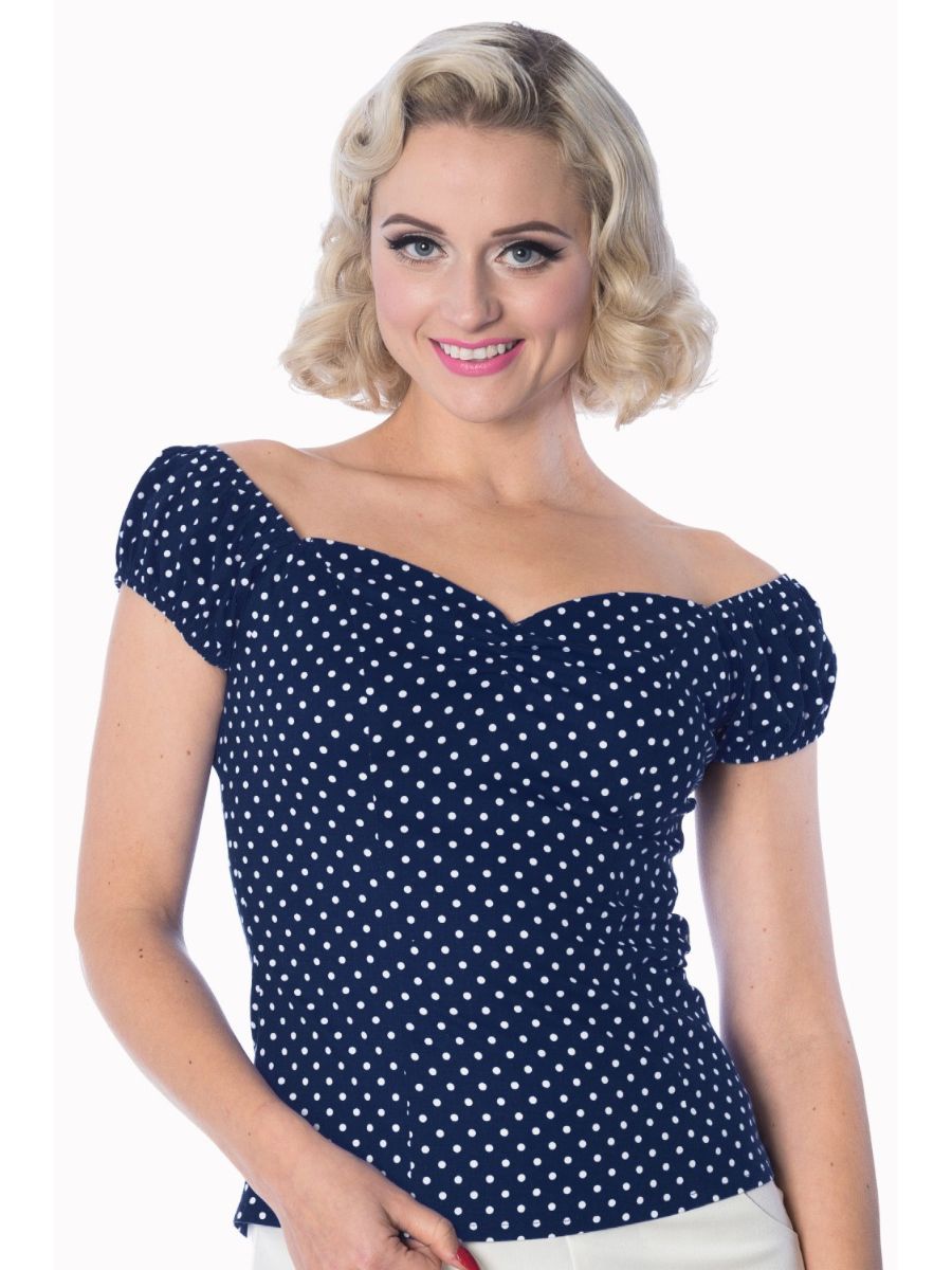 Banned Retro 1950's I Carried A Watermelon Polka Dot Off Shoulder Vintage Top Navy