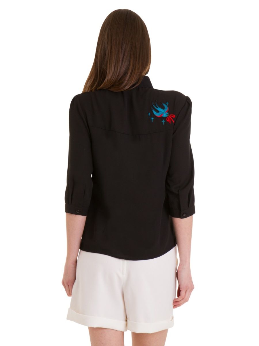 Banned Retro 1950's Free As A Bird Swallow & Anchors Thelma Blouse Black
