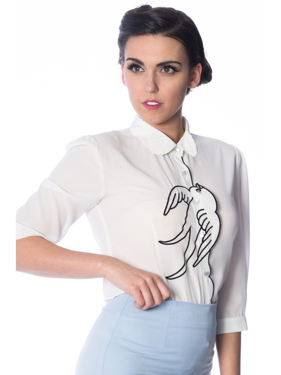 Banned Retro 1950's Free As A Bird Swallow & Anchors Thelma Blouse White