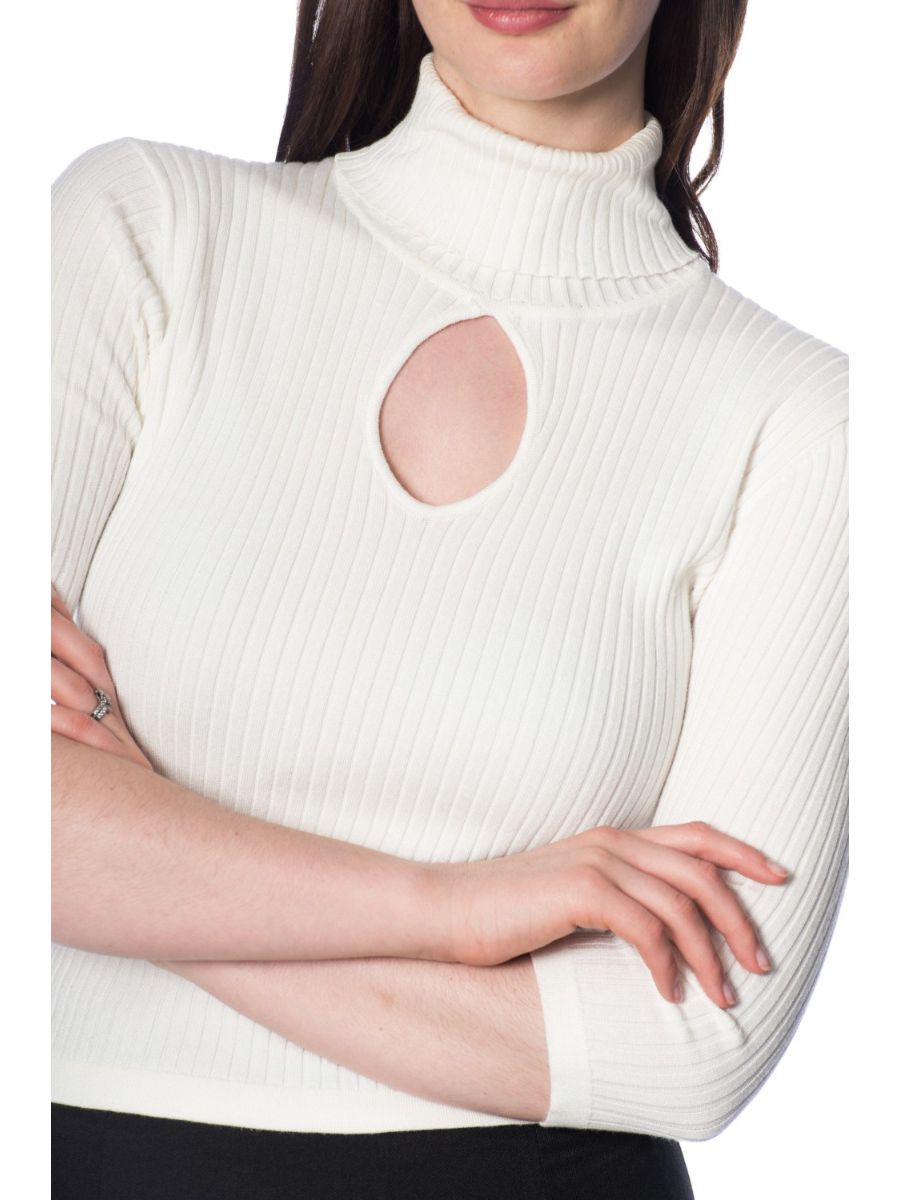 Banned Retro 1950's Louise Ribbed Knit Turtle Neck Key Hole Vintage Top Cream