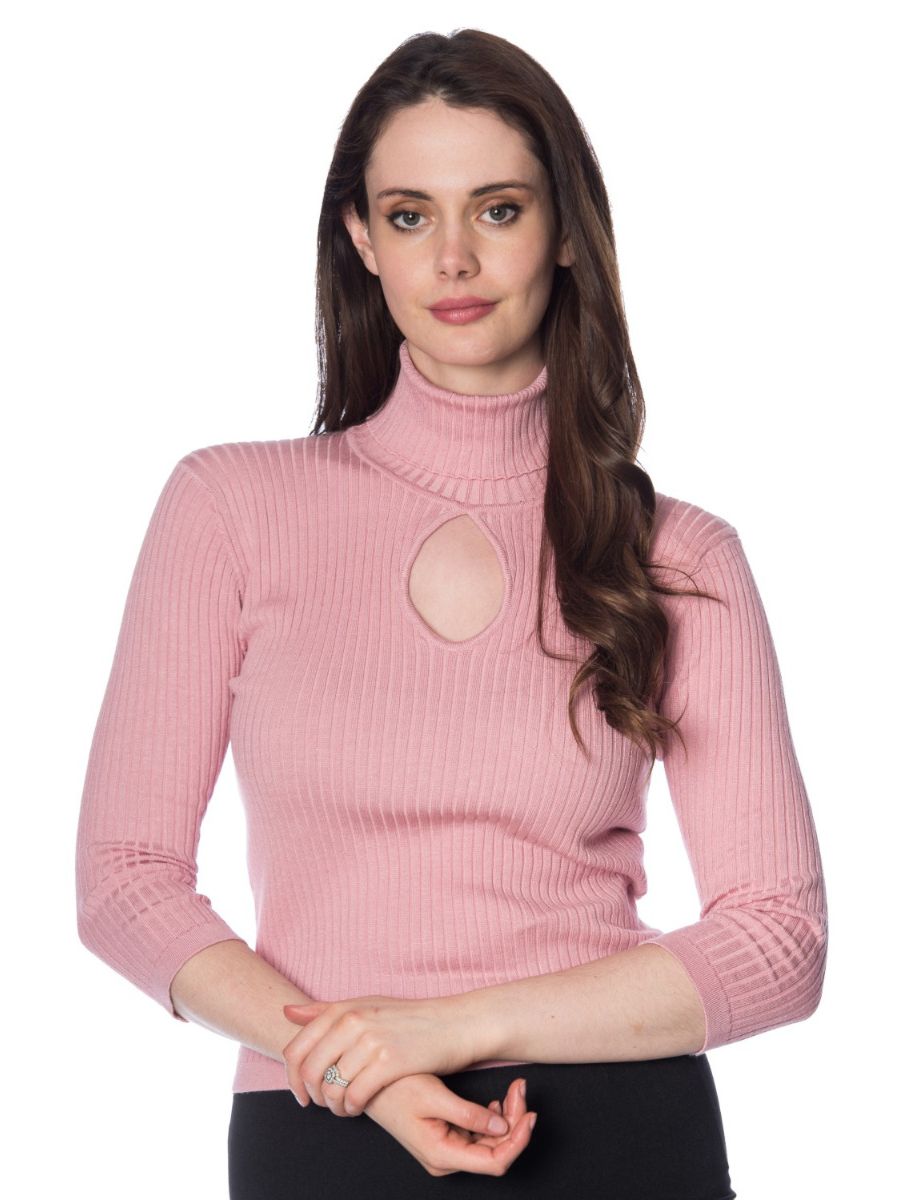Banned Retro 1950's Louise Ribbed Knit Turtle Neck Key Hole Vintage Top Dusty Pink