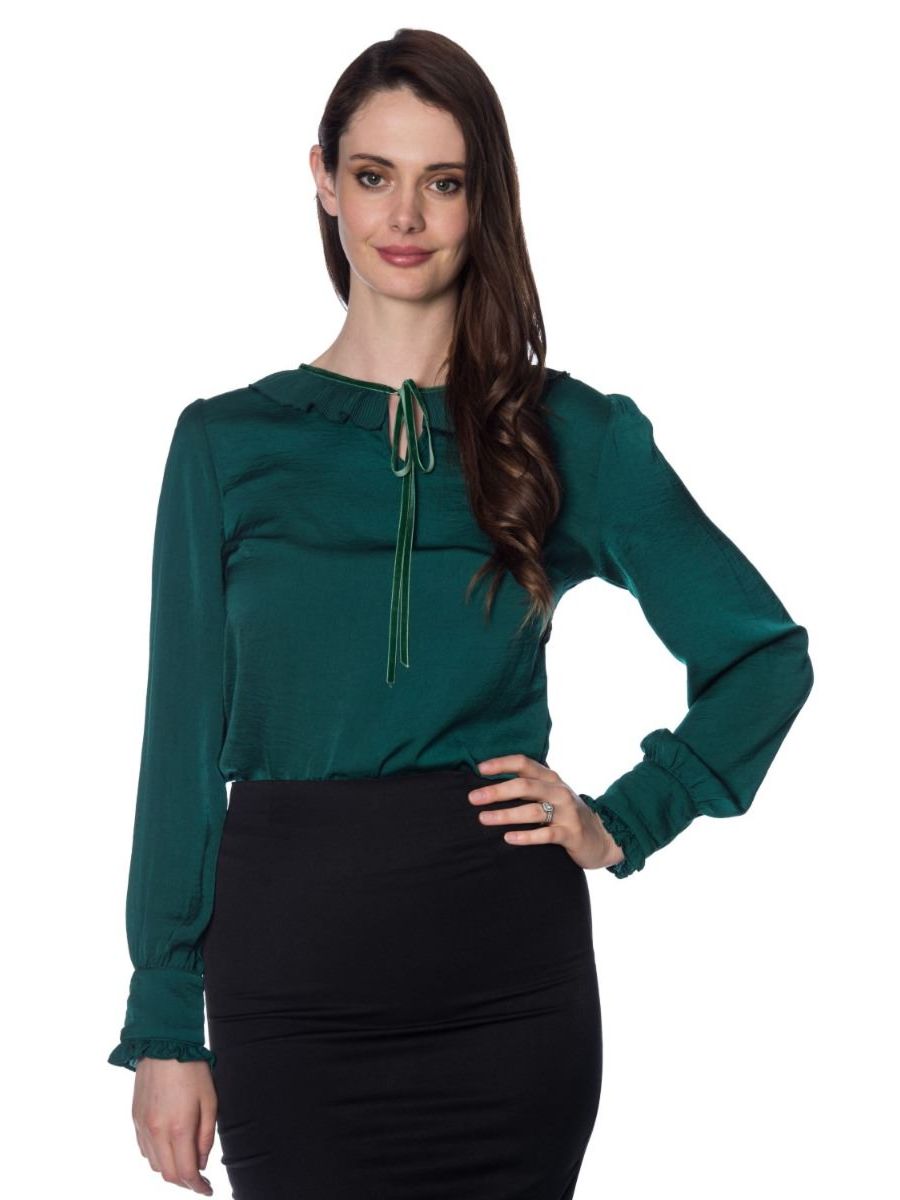 Banned Retro 1950's Perfect Pleated Frill Collar Puff Sleeve Vintage Blouse Dark Green 