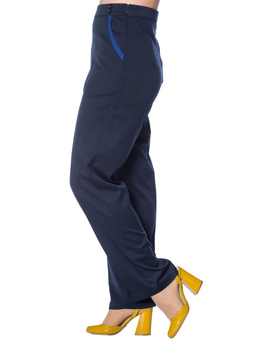 Banned Retro 1950's Contrast Trim High Waist Vintage Wide Leg Trouser Blue