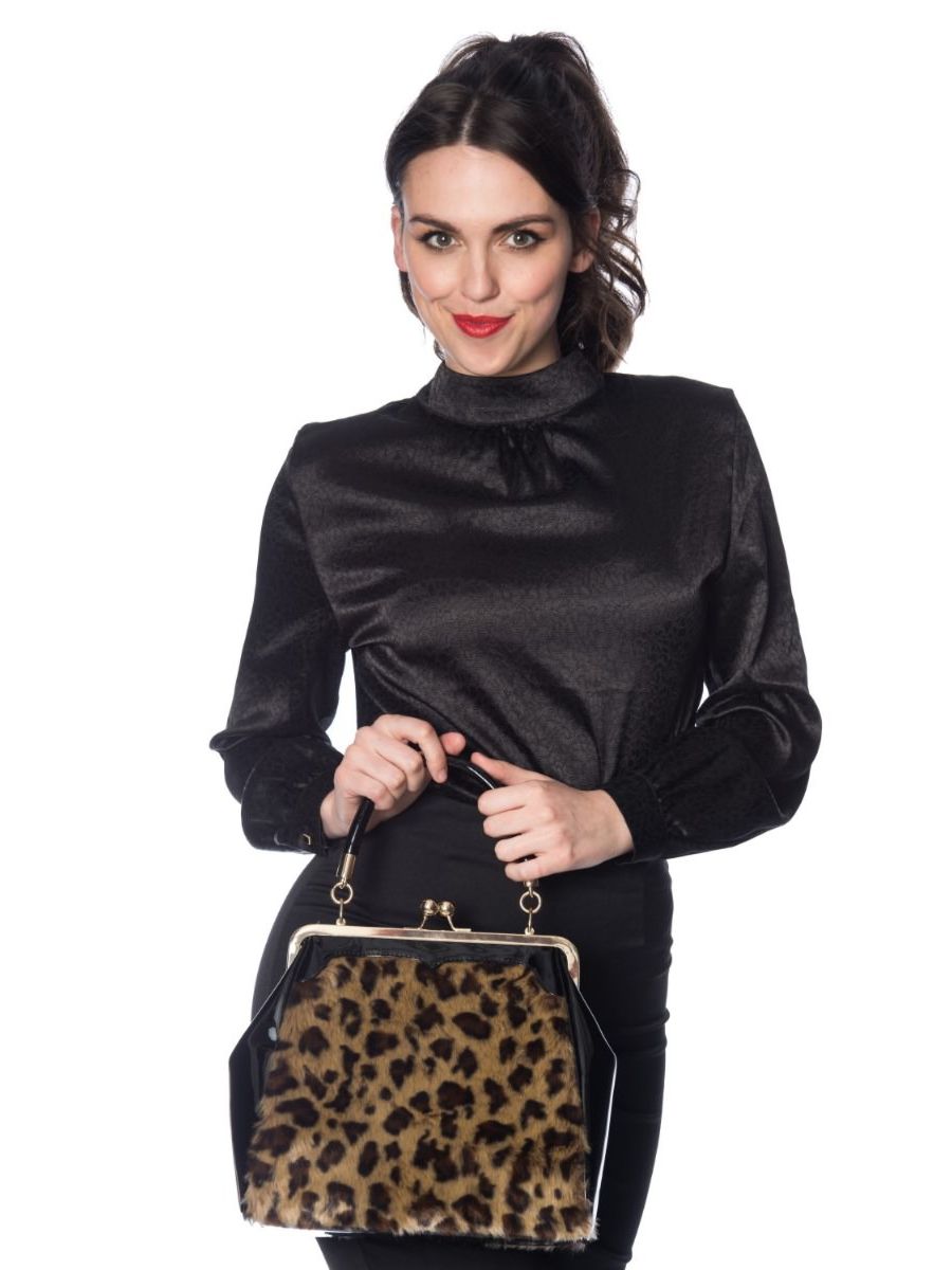 Banned Retro 1950's Natalie High Neck Long Puff Sleeve Leopard Print Embossed Blouse Black