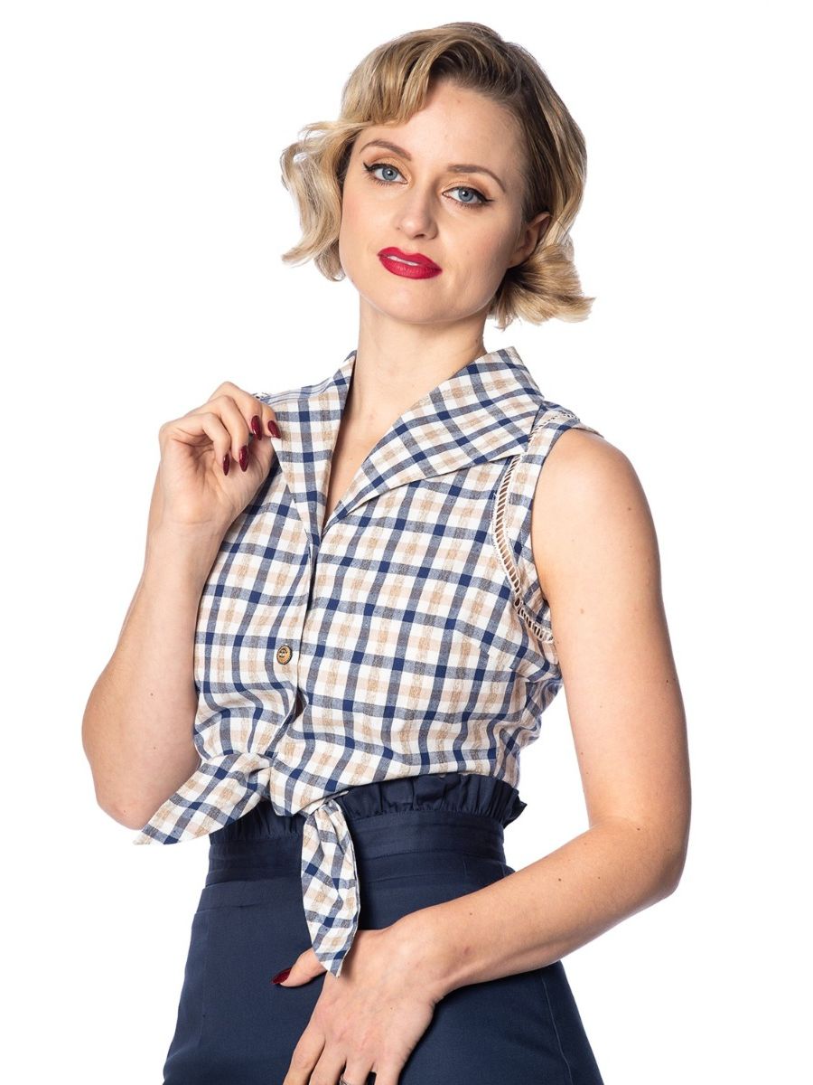 Banned Retro 1950's Let's Vacay Check Tie Up Crop Blouse Blue
