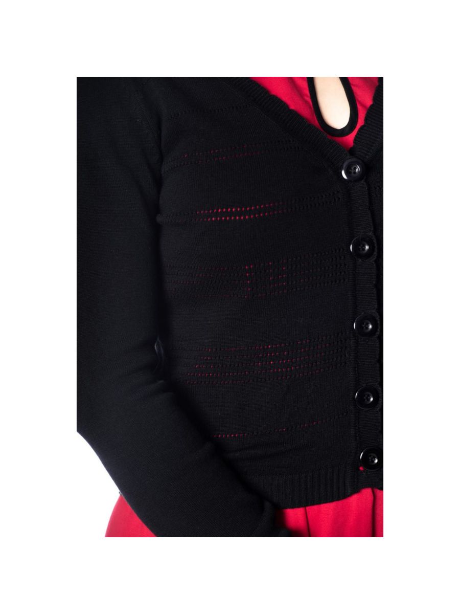 Banned Retro 1950's Pointelle Scalloped Perforated V-Neck Vintage Cardigan Black