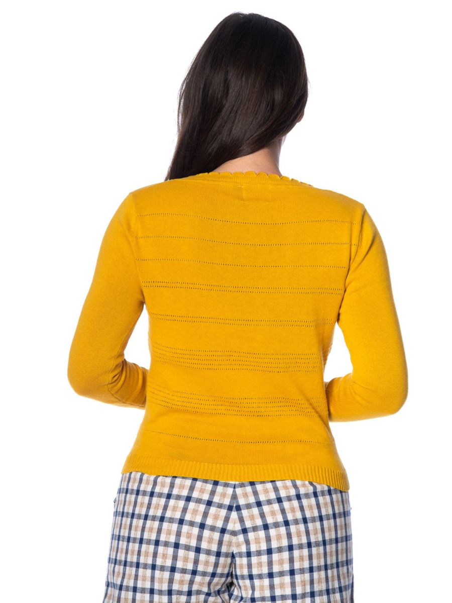 Banned Retro 1950's Pointelle Scalloped Perforated V-Neck Vintage Cardigan Mustard Yellow
