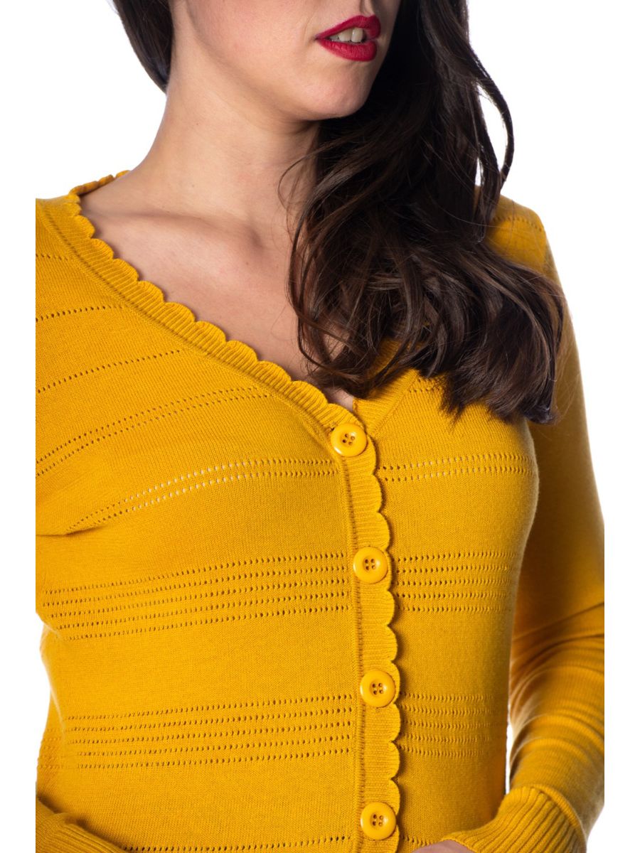 Banned Retro 1950's Pointelle Scalloped Perforated V-Neck Vintage Cardigan Mustard Yellow