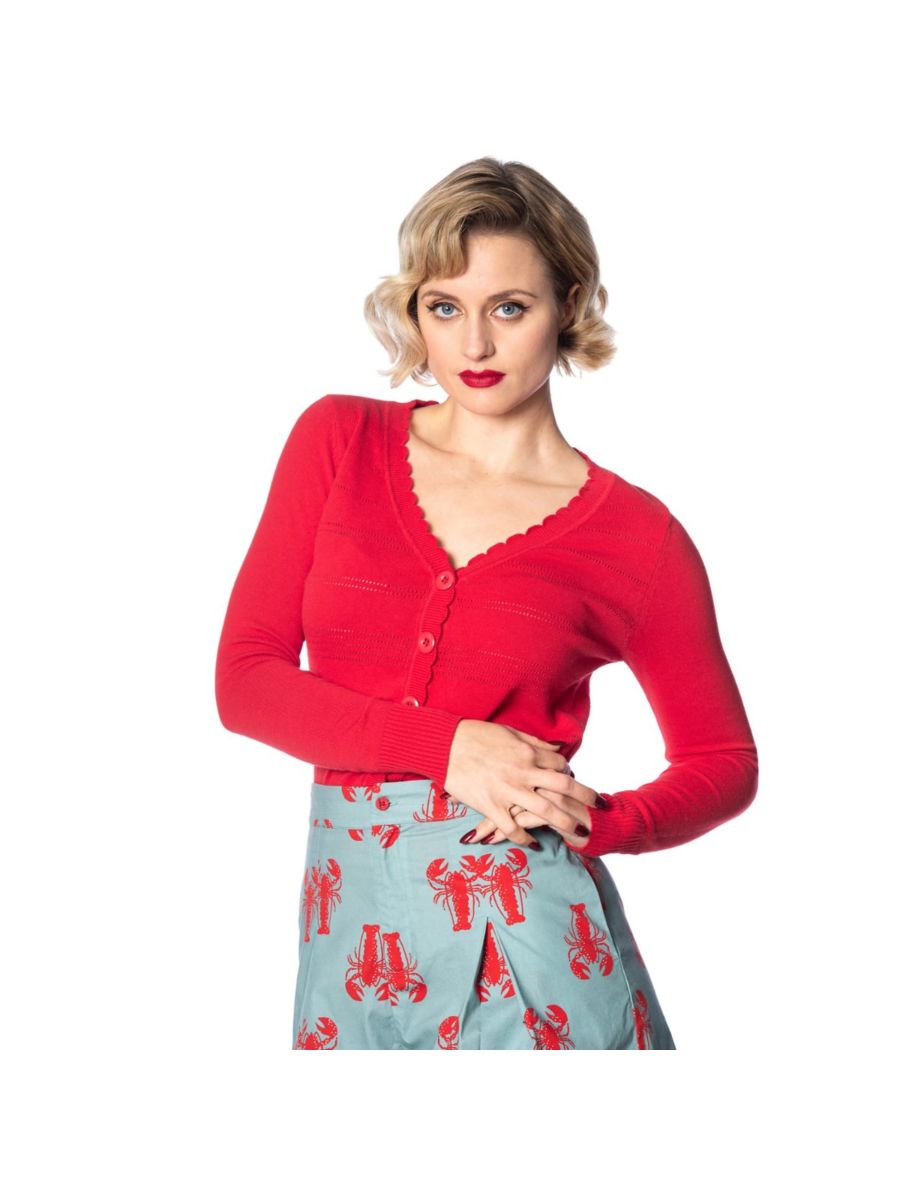 Banned Retro 1950's Pointelle Scalloped Perforated V-Neck Vintage Cardigan Red