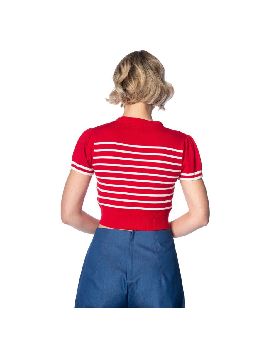 Banned Retro 1950's Sailor Stripe Nautical Crop Knit Top Red