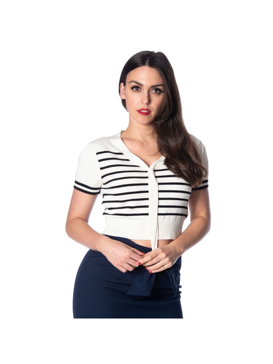 Banned Retro 1950's Sailor Stripe Nautical Crop Knit Top Off White