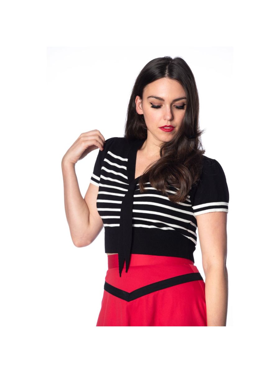 Banned Retro 1950's Sailor Stripe Nautical Crop Knit Top Black