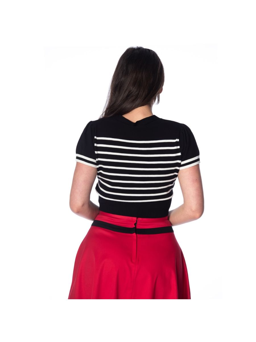 Banned Retro 1950's Sailor Stripe Nautical Crop Knit Top Black