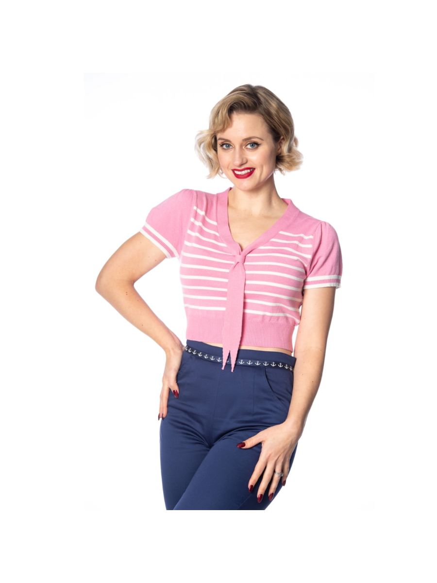 Banned Retro 1950's Sailor Stripe Nautical Crop Knit Top Pink