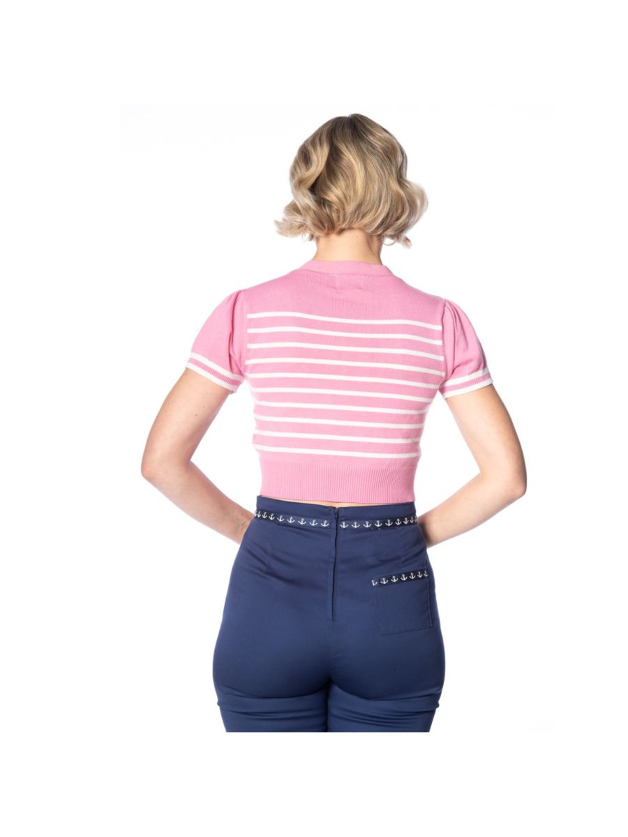 Banned Retro 1950's Sailor Stripe Nautical Crop Knit Top Pink