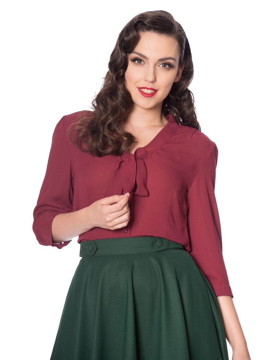 Banned Retro 1950's Perfect Pussy Bow Vintage Bell Sleeve Blouse Burgundy
