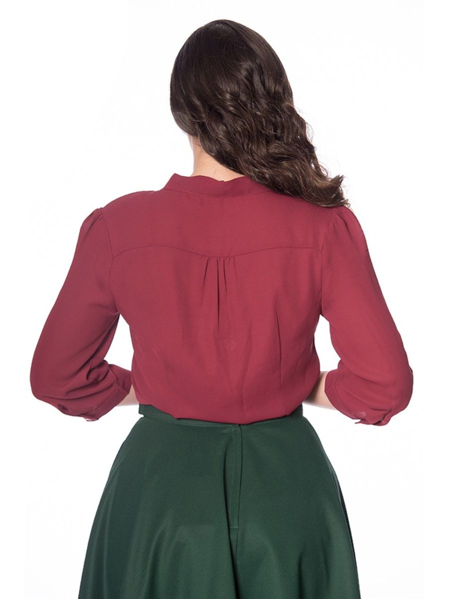 Banned Retro 1950's Perfect Pussy Bow Vintage Bell Sleeve Blouse Burgundy