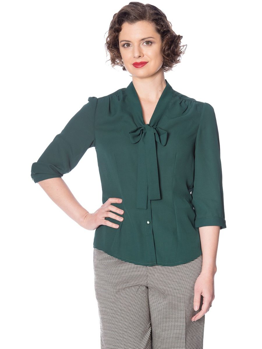 Banned Retro 1950's Perfect Pussy Bow Vintage Bell Sleeve Blouse Green