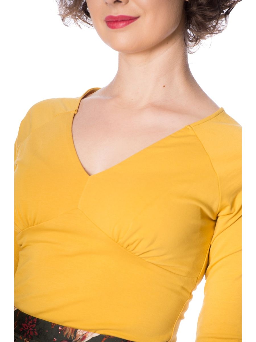 Banned Retro Cute & Classic Vintage V-Neck Jersey Top Mustard Yellow