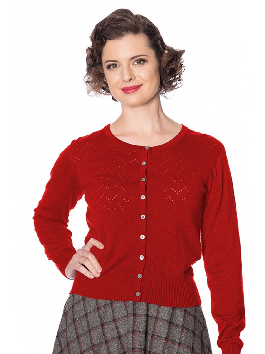 Banned Retro 1950's Pointelle Vintage Mara Knit Cardigan Red