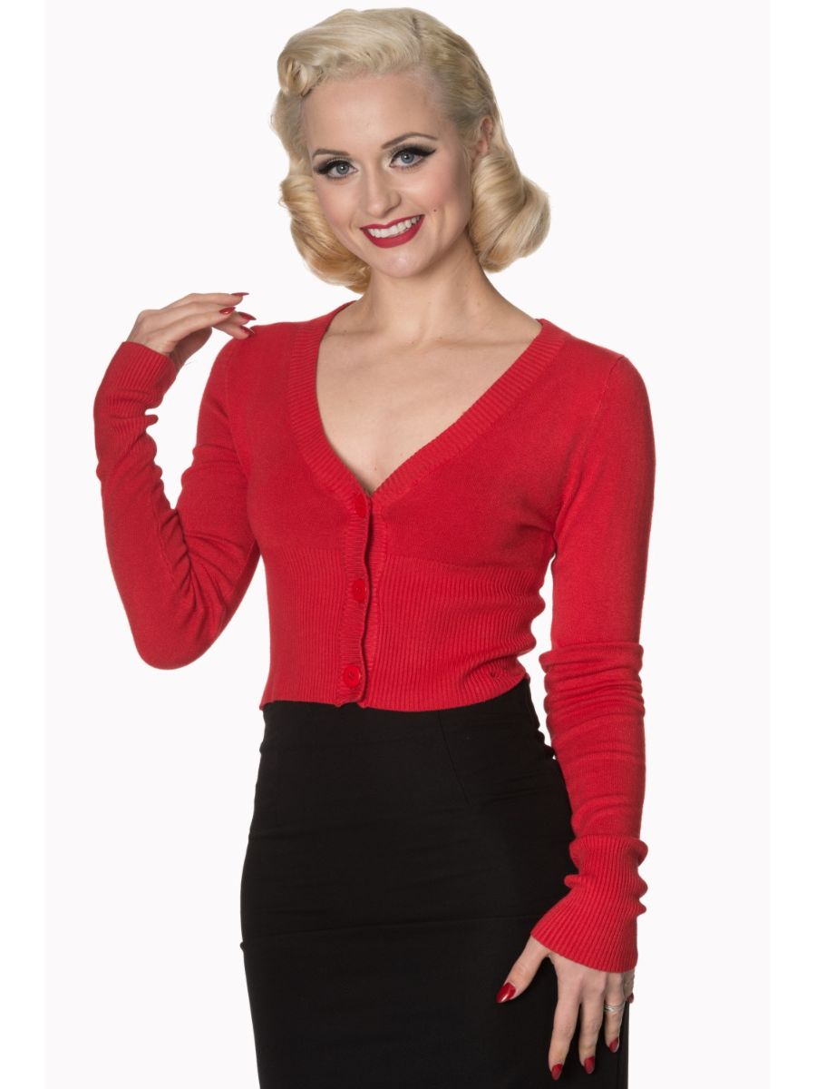 Banned Retro 1950's Let's Go Dancing V-Neck Long Sleeve Cardigan Red