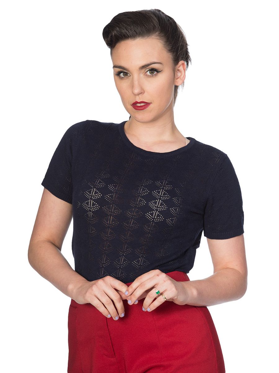 Banned Retro 1950's Nautical Pointelle Perforated Vintage Ruby Knit Top Black