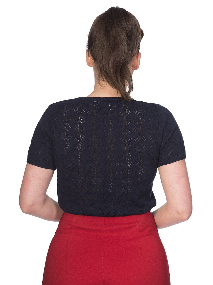 Banned Retro 1950's Nautical Pointelle Perforated Vintage Ruby Knit Top Black