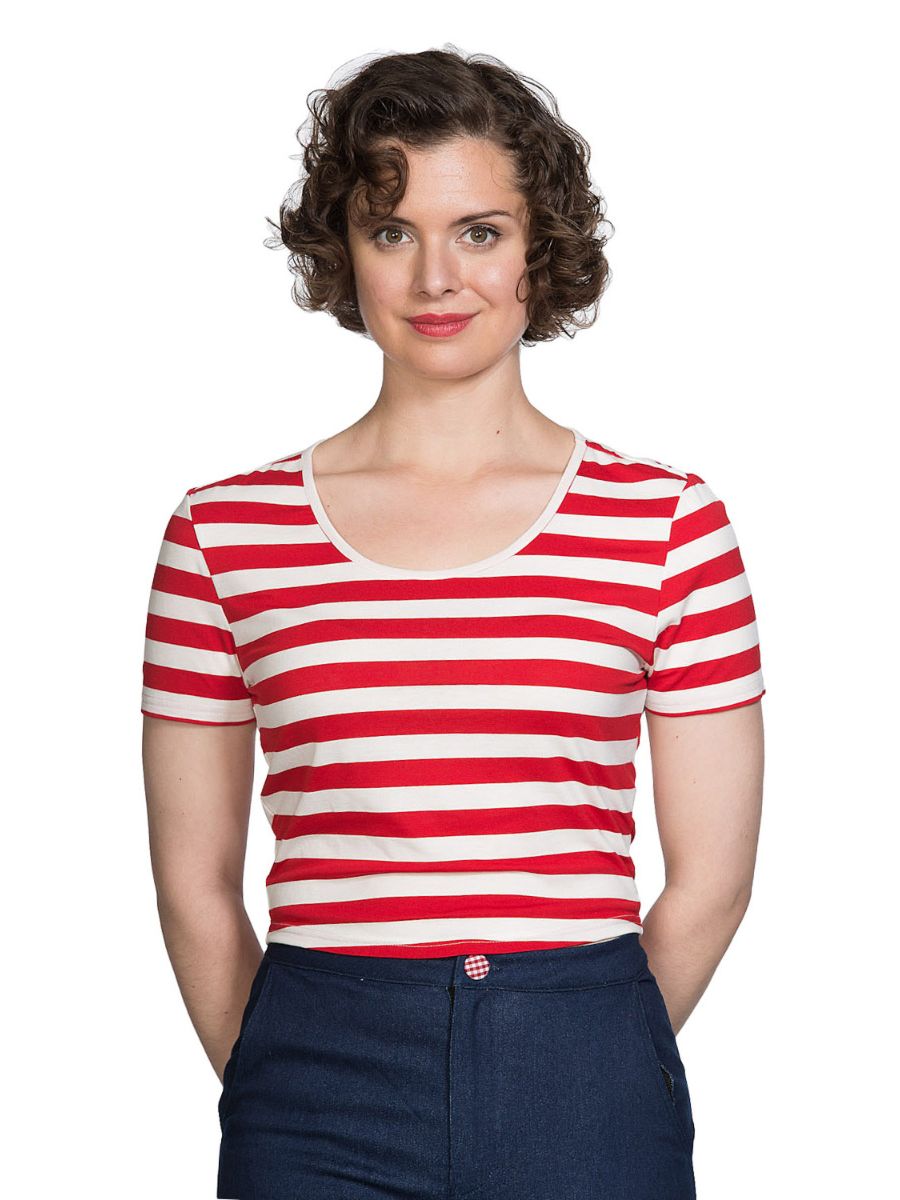 Banned Retro Land Ahoy Nautical Rockabilly Stripe Scoop Neck Vintage T-Shirt Red