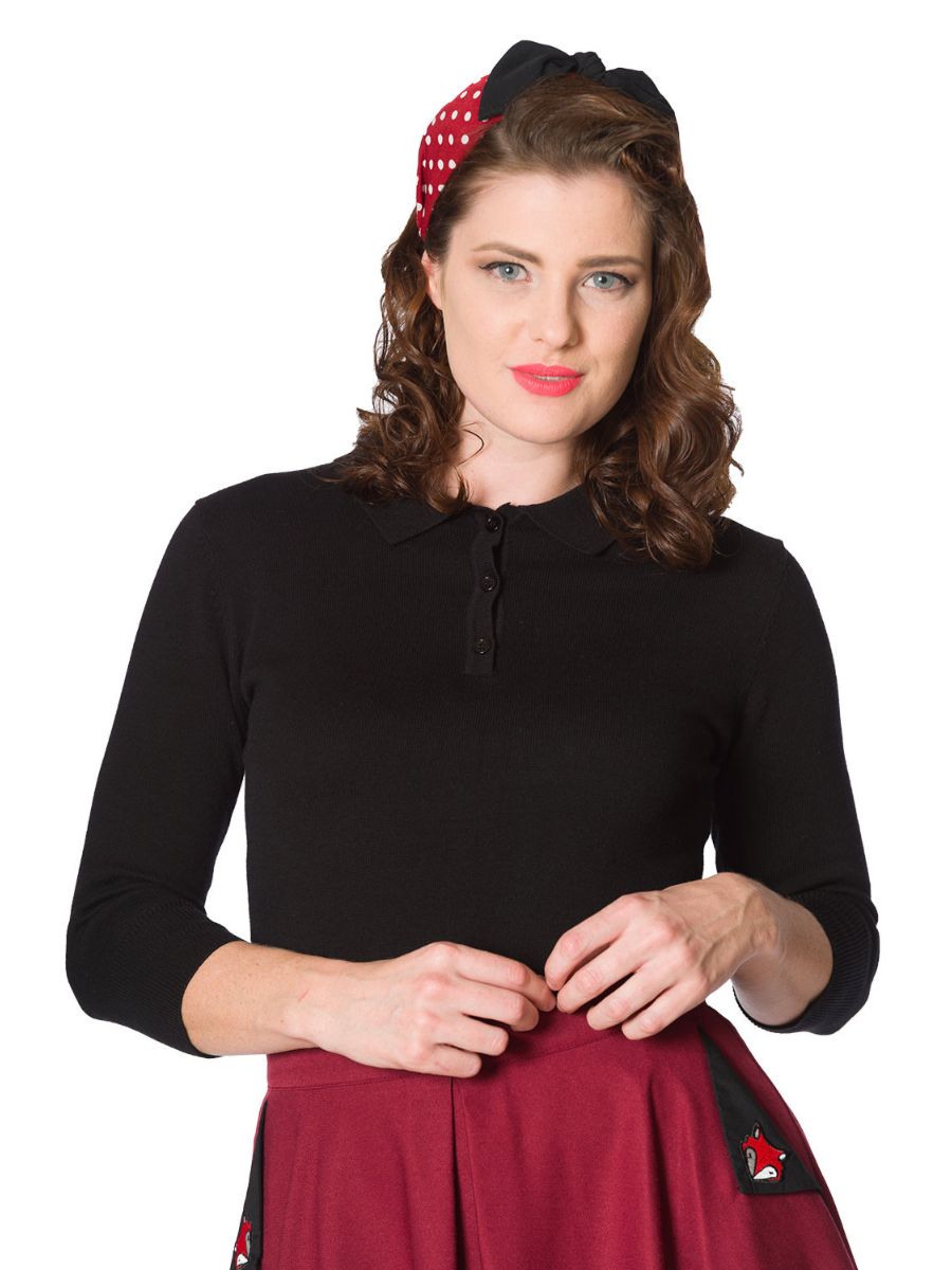 Banned Retro 1950's Audry Button Polo Knit Vintage Top Black
