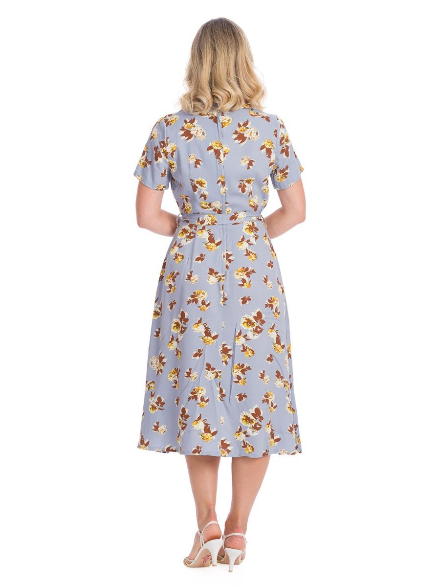 Banned Retro 1950's Sweet Tropicana Floral Midi Vintage Collar Shirt Dress With Pockets Blue