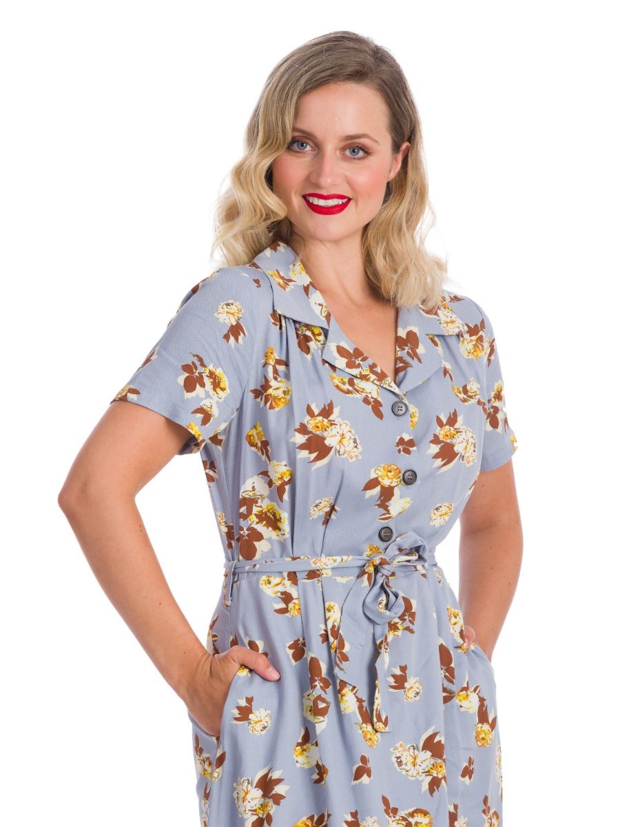 Banned Retro 1950's Sweet Tropicana Floral Midi Vintage Collar Shirt Dress With Pockets Blue