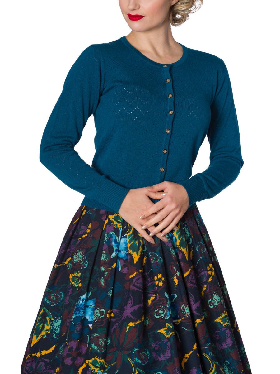 Banned Retro 1950's Pointelle Vintage Mara Knit Cardigan Blue