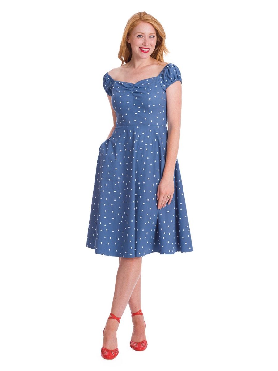 Banned Retro Sherry Polka Dot Off Shoulder Fit & Flare Vintage Dress With Pockets Denim Blue