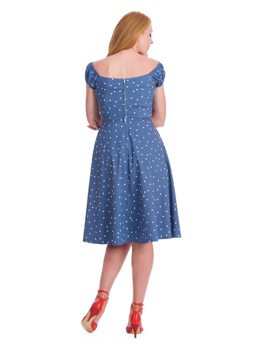 Banned Retro Sherry Polka Dot Off Shoulder Fit & Flare Vintage Dress With Pockets Denim Blue