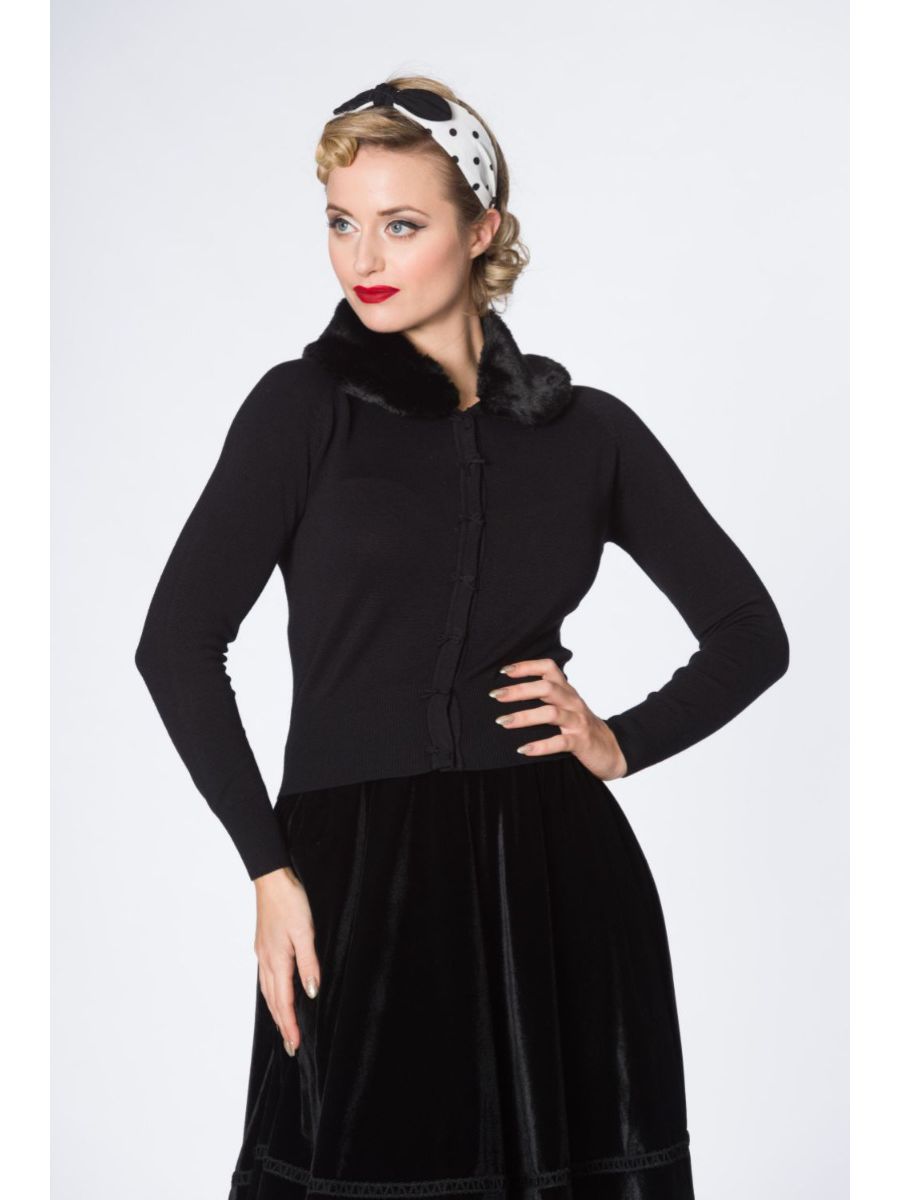 Banned Retro 1950's Bow Dreaming Faux Fur Detachable Collar Vintage Anita Cardigan Black