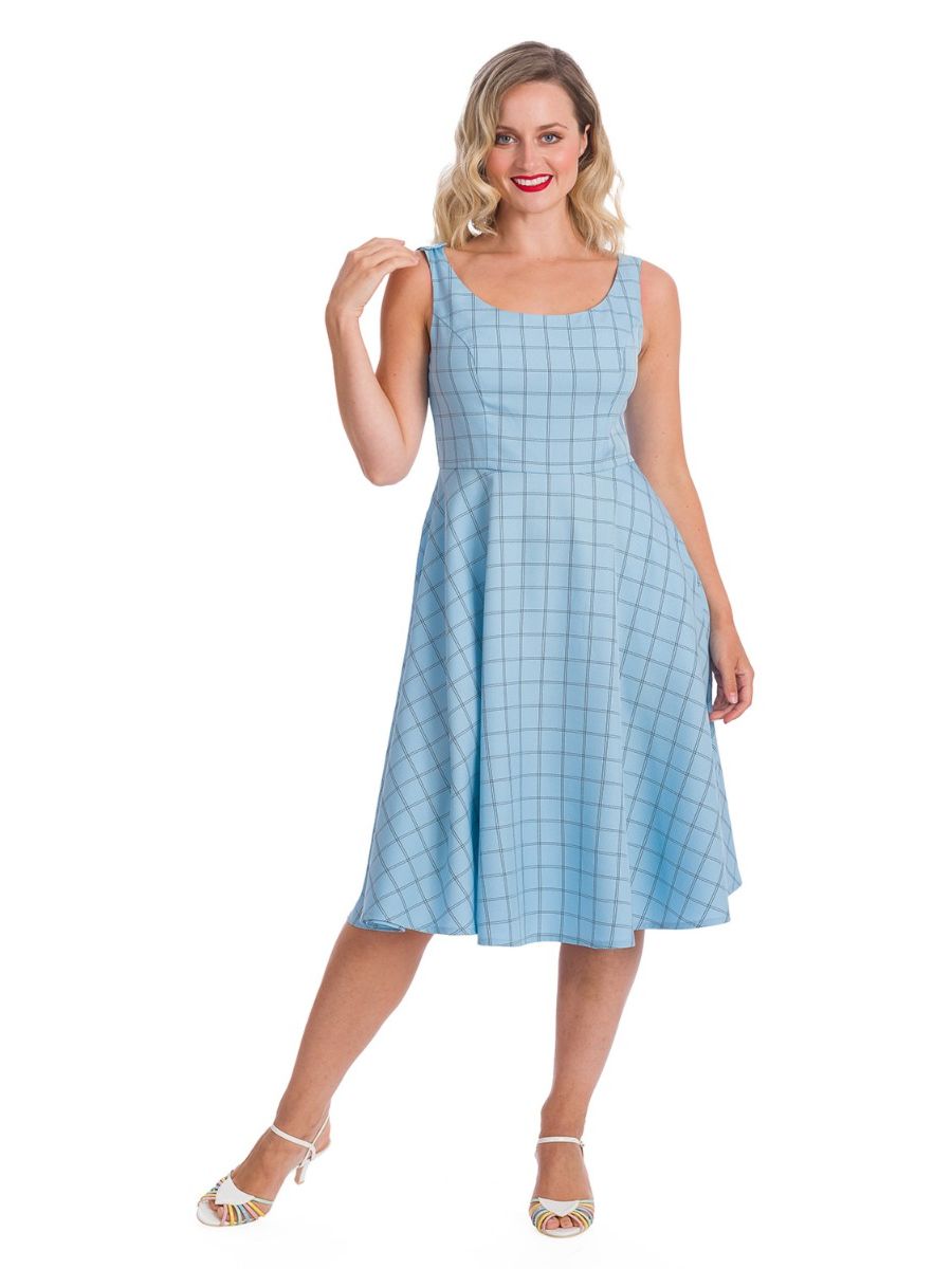 Banned Retro 1950's Love Story Grid Check Heart Cut Out Vintage Fit & Flare Dress Blue