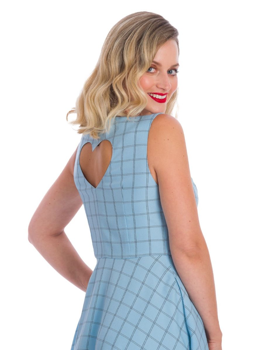 Banned Retro 1950's Love Story Grid Check Heart Cut Out Vintage Fit & Flare Dress Blue