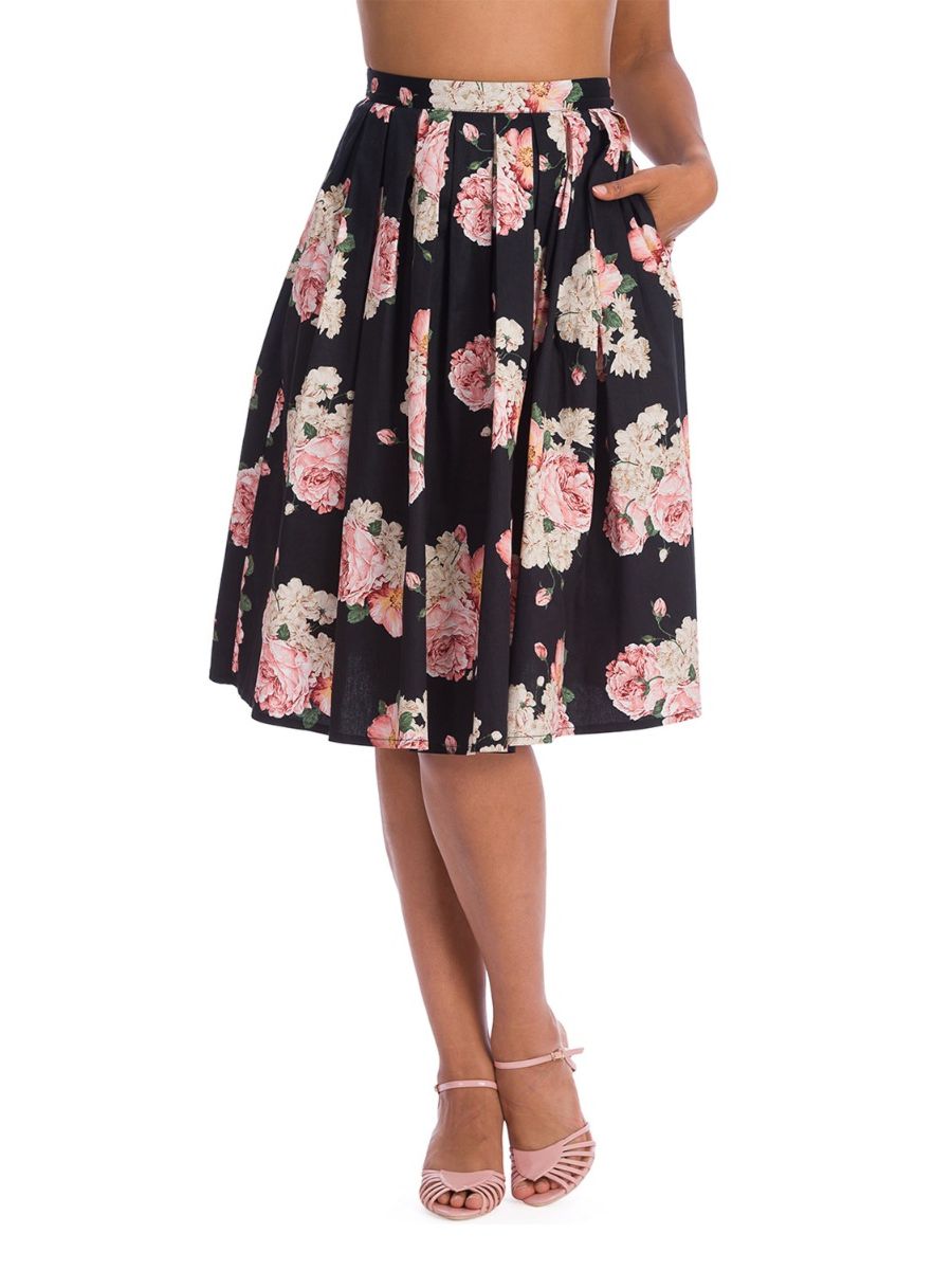 Banned Retro 1950s English Rose Floral Pleated Loretta Vintage Flare Skirt With Pockets Black