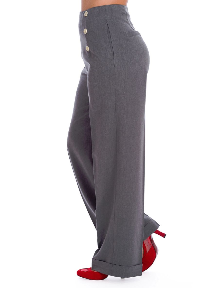 Banned Retro 1950's Adventures Ahead Button Vintage Elizabeth Wide Leg Trouser Grey